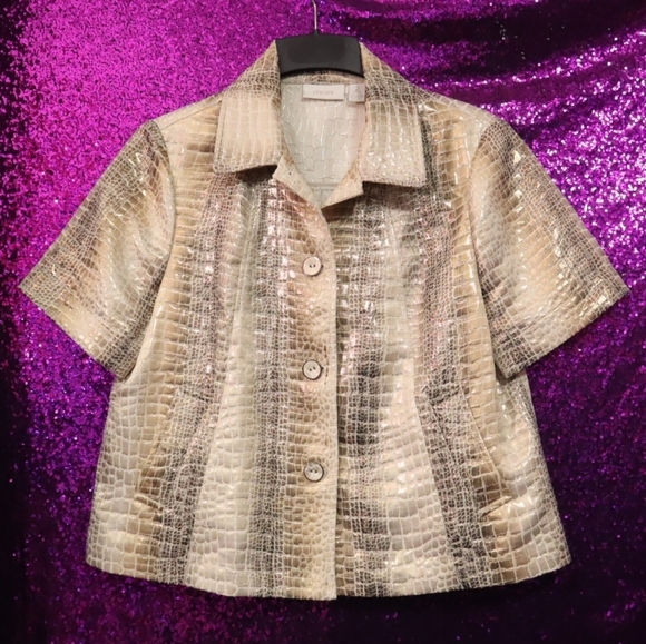 Chico's Jackets & Blazers - METALLIC SNAKESKIN SHACKET 2/L/12 Chico's Gold Summer Resortwear Summer Short